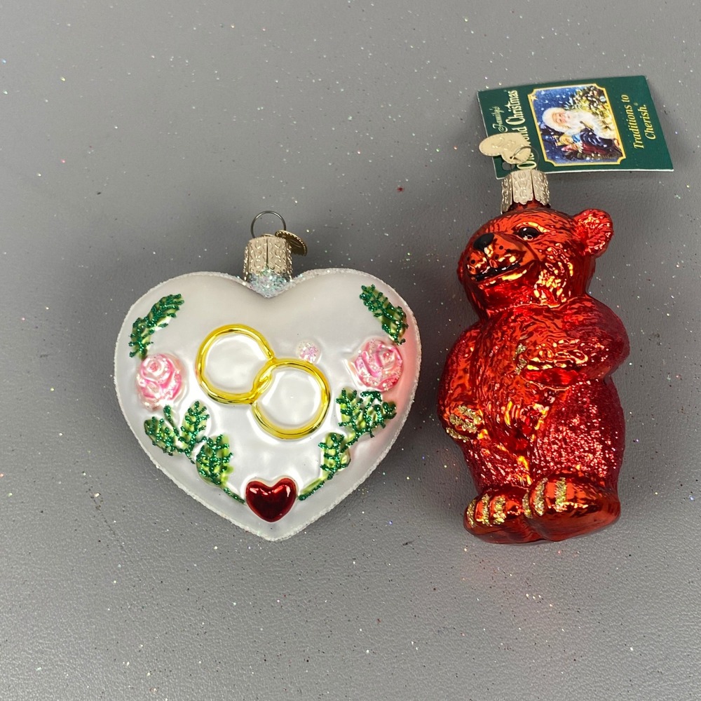 Old World Christmas Glass Holiday Ornaments Red Glitter Bear & Wedding Heart